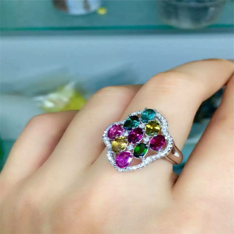 fine jewelry 925 pure silver inlaid with natural tourmaline, 9 gem women's ring jewelry  .