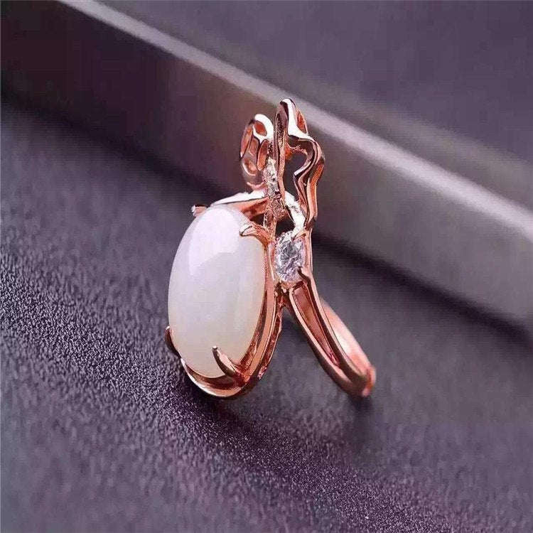 fine jewelry 925 pure silver inlays natural hetian jade lady's ring jewelry smooth curve plated rose gold