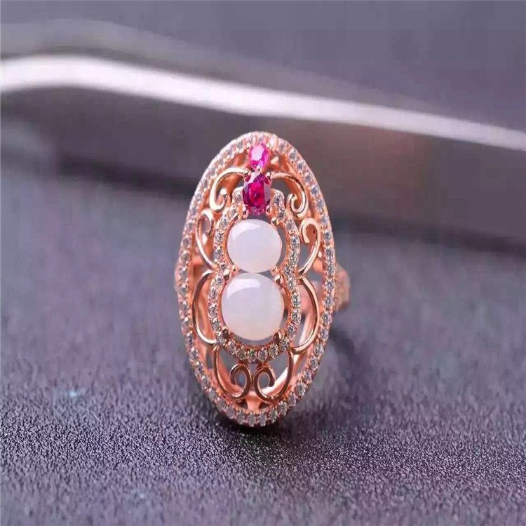 fine jewelry 925 pure silver inlays natural hetian jade lady's ring jewelry smooth curve plated rose gold mnbv