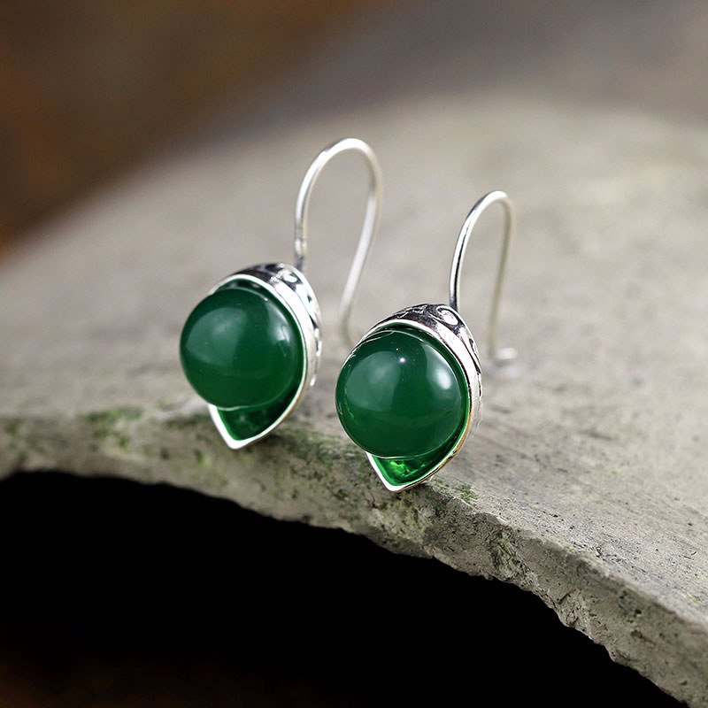 fine jewelry 925 pure silver jewelry Indonesian style pure manual Thai silver earrings with hollow-out lady green