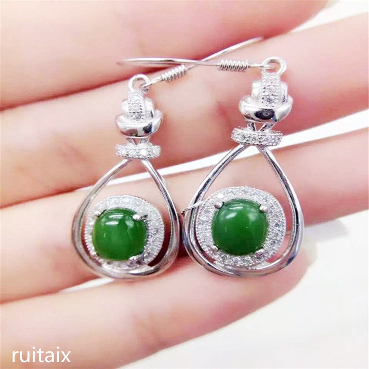fine jewelry 925 sterling silver inlaid with natural hetian jade medulla lady's ear pendant oval ear hook