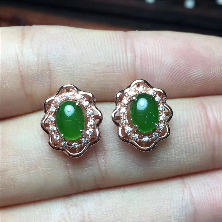fine jewelry 925 sterling silver inlaid with natural hetian jade medulla lady's long ear nail oval ear hook shaped