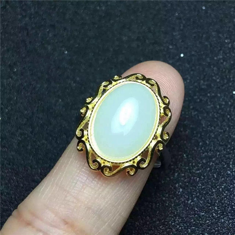 fine jewelry 925 sterling silver inlays natural hetian jade lady's ring jewelry smooth curve gold plating