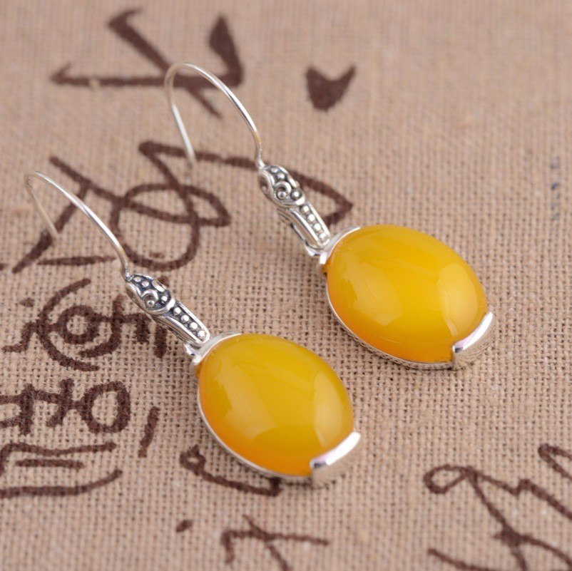 fine jewelry S925 Silver inl jewelry yellow jade medullary earrings retro classical art lace temperament female styl