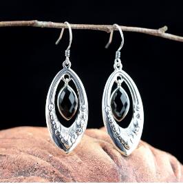 fine jewelry S925 Sterling Silver Jewelry New listing of women's ethnic scenery, Black Agate cut eardrop.
