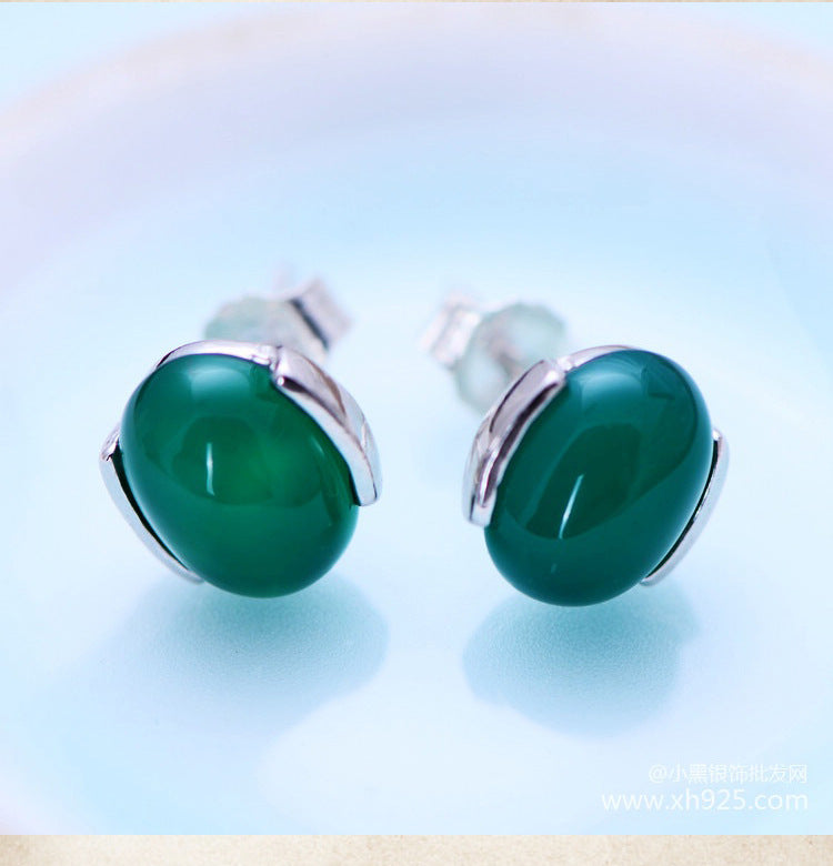 fine jewelry S925 Sterling silver jewelry small and cute green agate simple price female ear nail