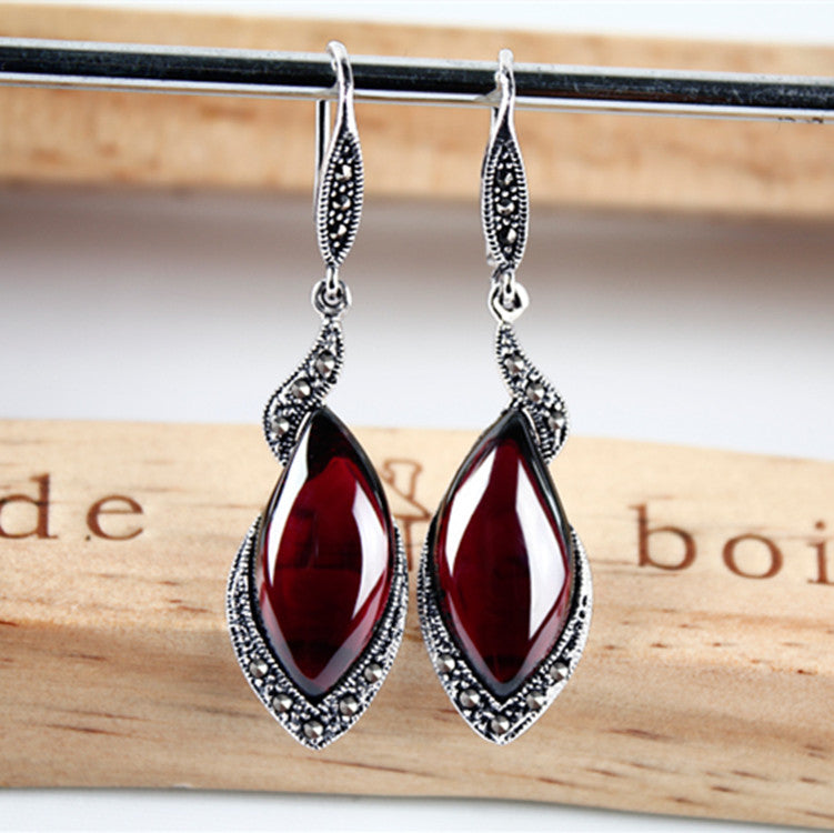 fine jewelry S925 Sterling silver vintage Thai silver garnet earrings with gemstone earrings Korean long style earring