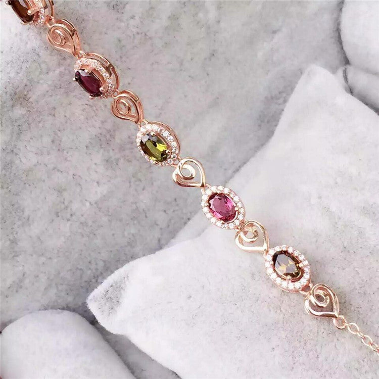 fine jewelry S925 pure silver bracelet natural tourmaline double heart female bracelet   jewelry.