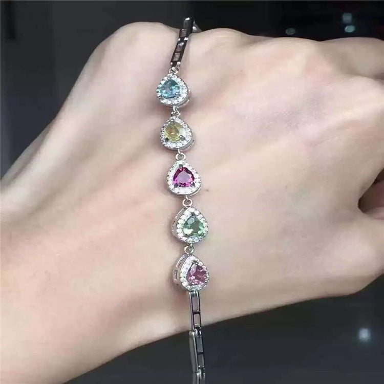 fine jewelry S925 pure silver bracelet natural tourmaline drop with zircon bracelet   jewelry.