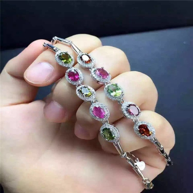 fine jewelry S925 pure silver bracelet natural tourmaline elliptic 5 gem female hand chain   jewelry free ship