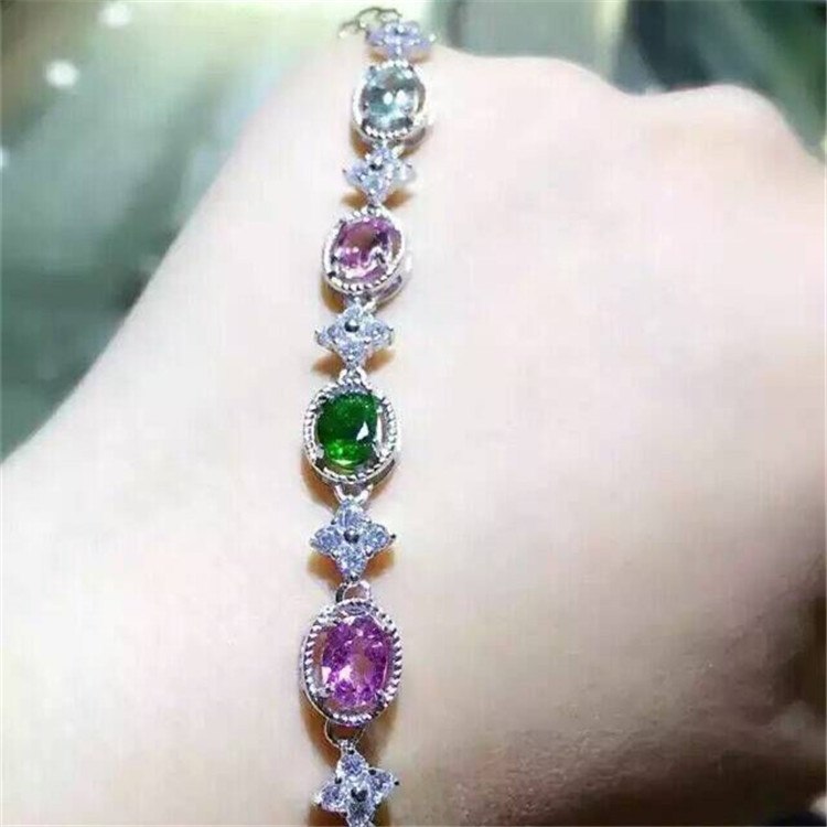 fine jewelry S925 pure silver bracelet natural tourmaline elliptic with zircon bracelet   jewelry.