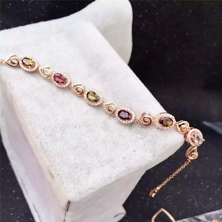 fine jewelry S925 pure silver bracelet natural tourmaline multi-color 6 gem female jewelry  .