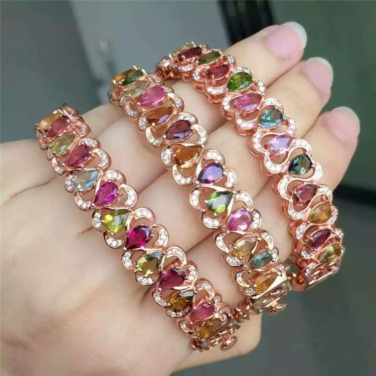 fine jewelry S925 pure silver bracelet natural tourmaline multi-heart female bracelet   jewelry.