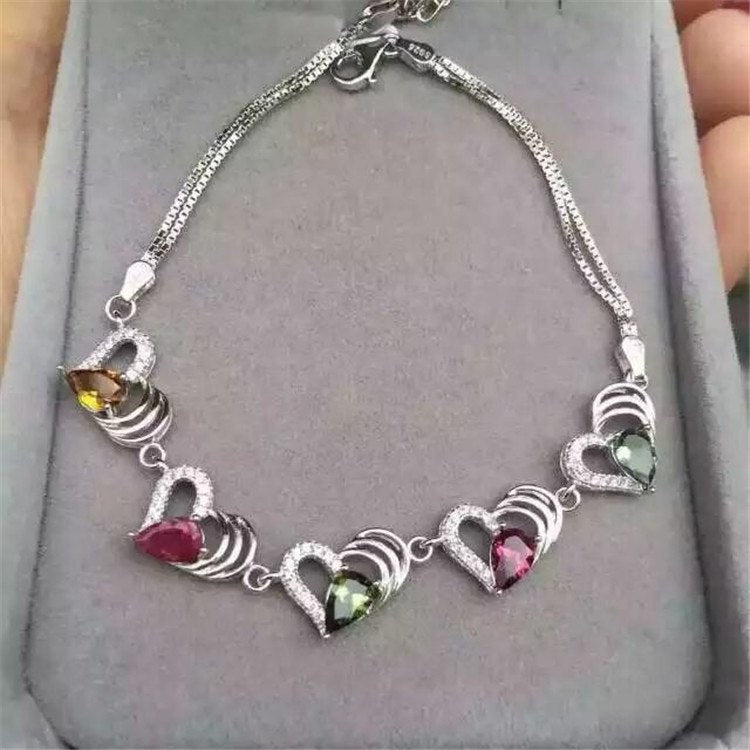 fine jewelry S925 pure silver bracelet natural tourmaline multi-layer heart girl bracelet   jewelry.
