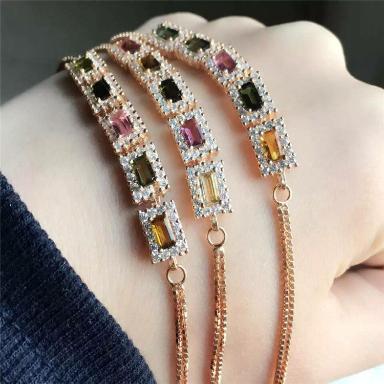 fine jewelry S925 pure silver bracelet natural tourmaline rectangular multi-color gem female   jewelry free sh