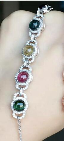 fine jewelry S925 pure silver bracelet natural tourmaline round polychromatic gem female   jewelry free shippi
