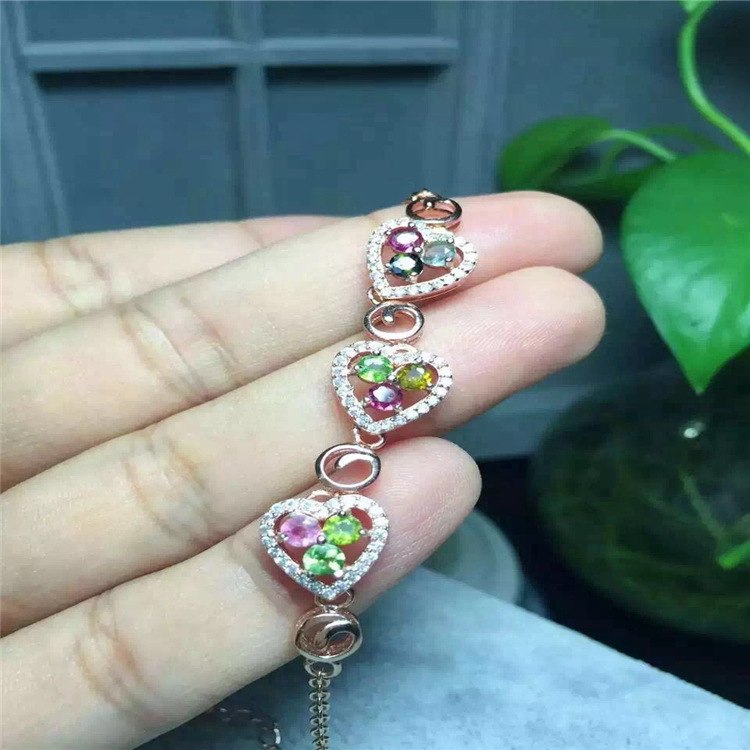 fine jewelry S925 pure silver bracelet natural tournines heart 3 gem female hand chain   jewelry