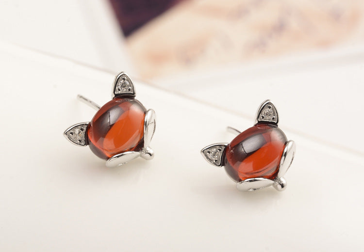 fine jewelry S925 pure silver ear nail garnet stone fox ear ornaments