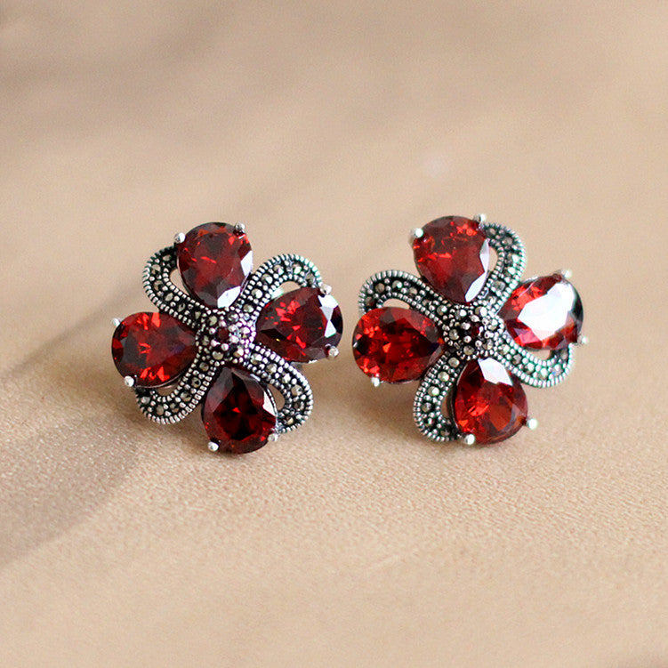 fine jewelry S925 pure silver ornament high lady plum garnet ear buckle