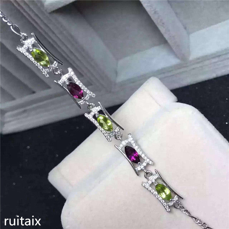 fine jewelry S925 silver inl natural color gemstone aluminum magnesium garnet olivine multi-color bracelet crystal f