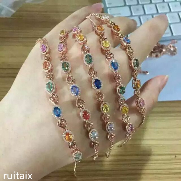 fine jewelry S925 silver inl natural color gemstone blue tourmaline tanzanite multi-color bracelet crystal female je