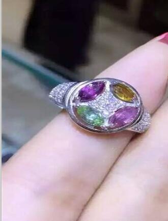 fine jewelry S925 silver inset natural tourmaline 4 gem female ring inlaid to order  .