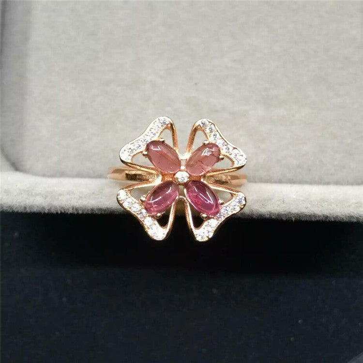 fine jewelry S925 silver inset natural tourmaline 4 petal 4 pieces of gem women's ring inlaid to order  .