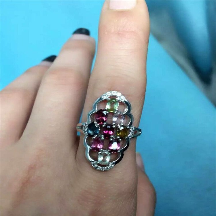 fine jewelry S925 silver inset natural tourmaline 7 gem female ring inlaid to order  .