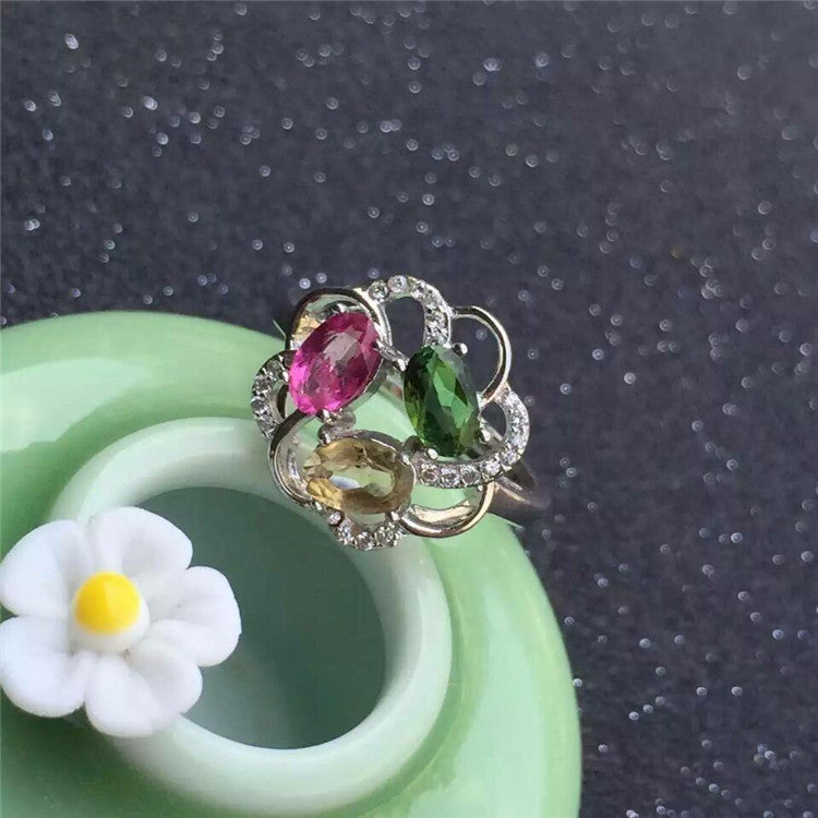 fine jewelry S925 silver inset natural tourmaline round 3 gem female ring inlaid to order  .