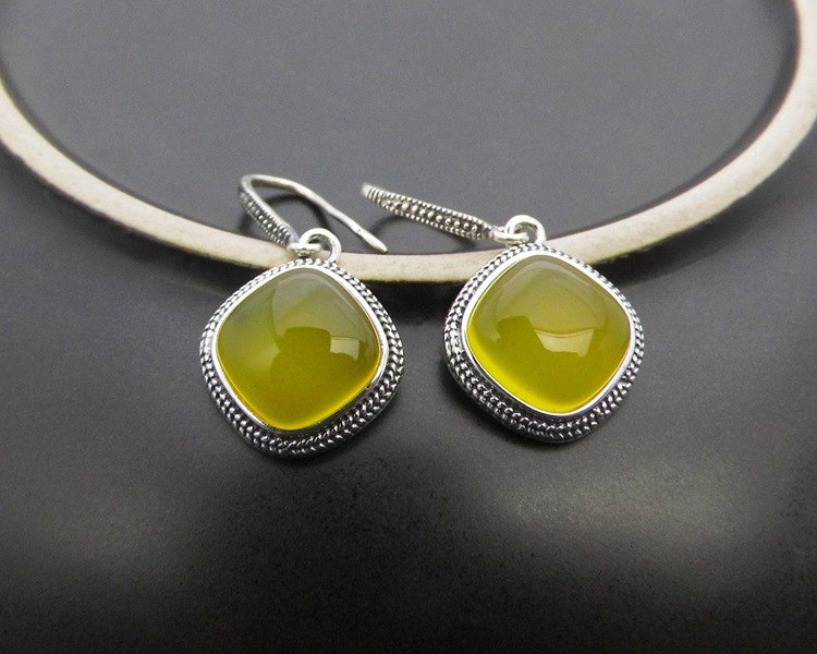 fine jewelry S925 silver yellow Agate Earrings antique Thai silver fashion edition Green Agate ear hook