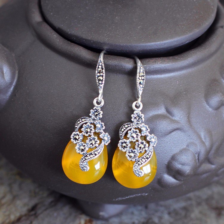 fine jewelry S925 silver yellow Agate Earrings archaize fashion silver ear tag new lady