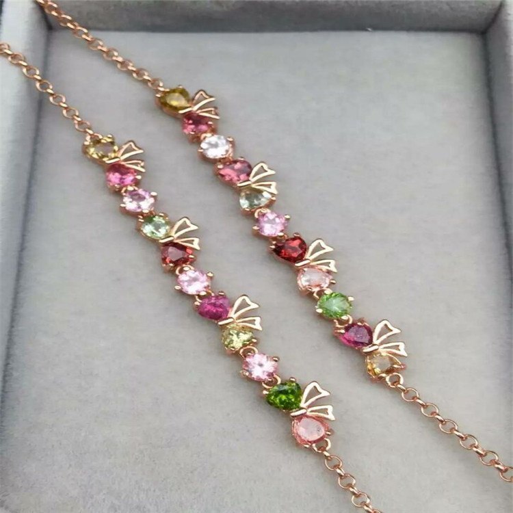 fine jewelry S925 sterling silver bracelet natural tourmaline butterfly polychromatic gem female jewelry