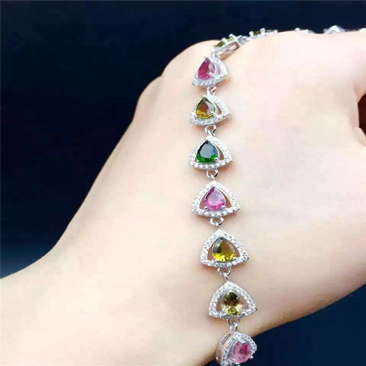 fine jewelry S925 sterling silver bracelet natural tourmaline triangle gem female bracelet   jewelry free ship
