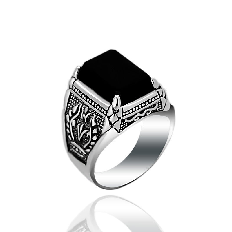 fine jewelry S925 sterling silver jewelry taiyin black agate ring set with four claws male style