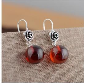 fine jewelry S925 sterling silver round red zircon stone earrings antique craft simple fashion