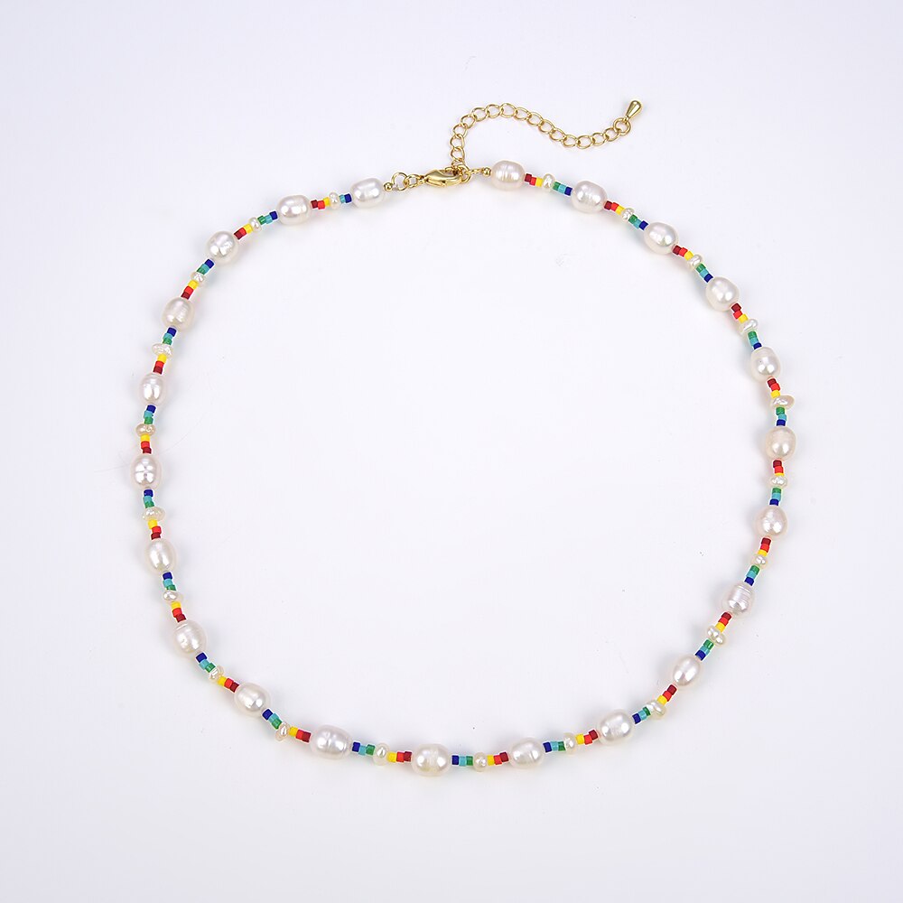 KKBEAD 7-8mm Natural Freshwater Baroque Pearl Necklace Colorful Beads Girl Gift with Gold-plated Buckle Boho Choker