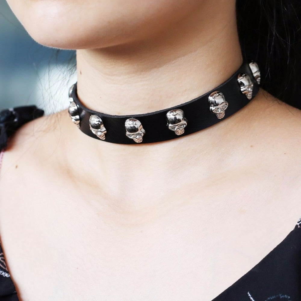 KMVEXO 16 Color Rock Punk Style Cosplay PU Leather Choker Necklace Spike Skeleton Torque Statement Necklace Chocker Neck Jewelry
