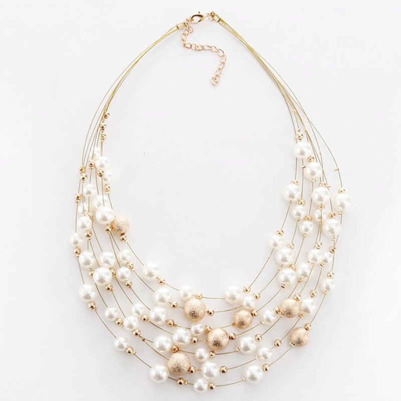 KMVEXO 2021   Jewelry Gold Color Multi Layer Chains Imitation Pearl Necklaces For Women Party Wedding Bride Necklace
