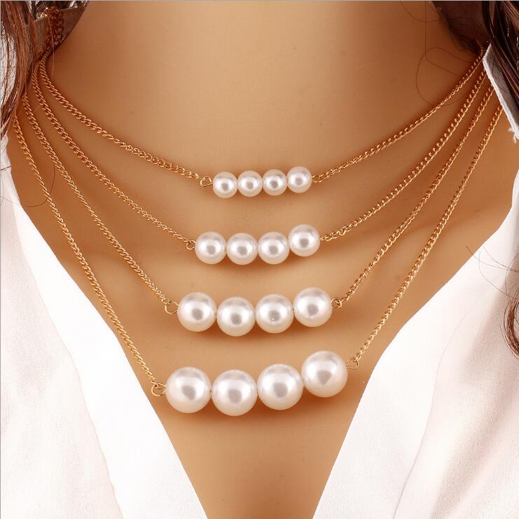 KMVEXO 2021   Jewelry Gold Color Multi Layer Chains Imitation Pearl Necklaces For Women Party Wedding Bride Necklace