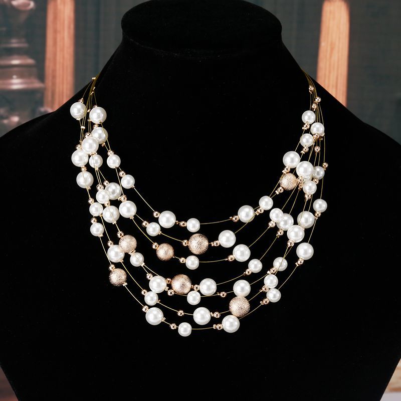 KMVEXO 2021   Jewelry Gold Color Multi Layer Chains Imitation Pearl Necklaces For Women Party Wedding Bride Necklace