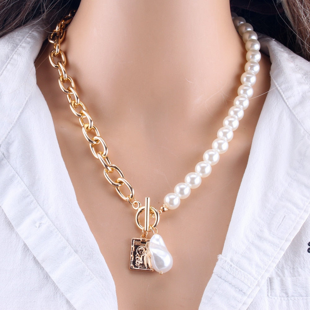 KMVEXO 2021   Jewelry Gold Color Multi Layer Chains Imitation Pearl Necklaces For Women Party Wedding Bride Necklace