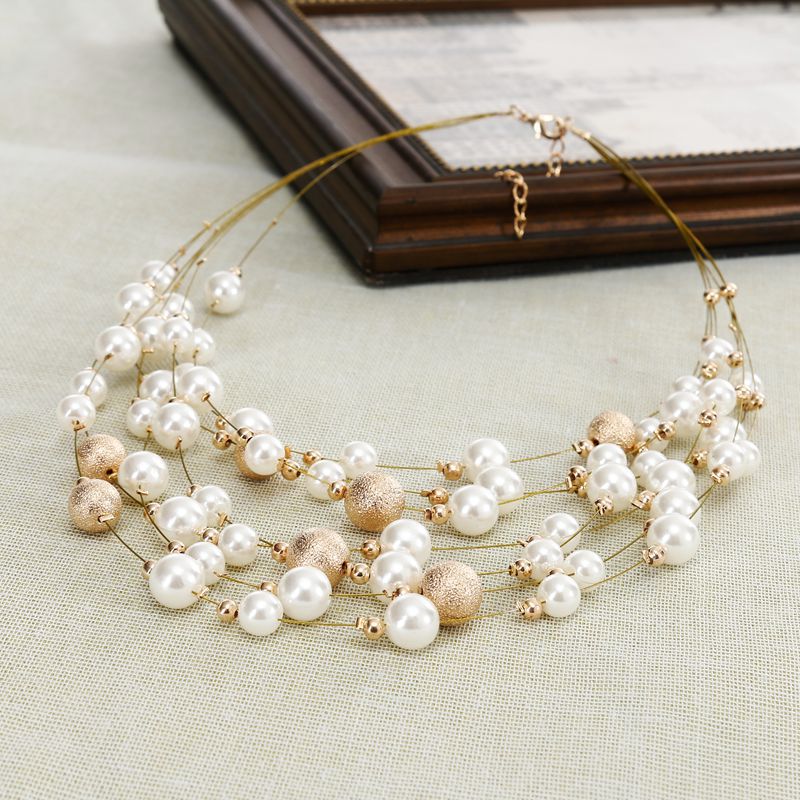 KMVEXO 2021   Jewelry Gold Color Multi Layer Chains Imitation Pearl Necklaces For Women Party Wedding Bride Necklace