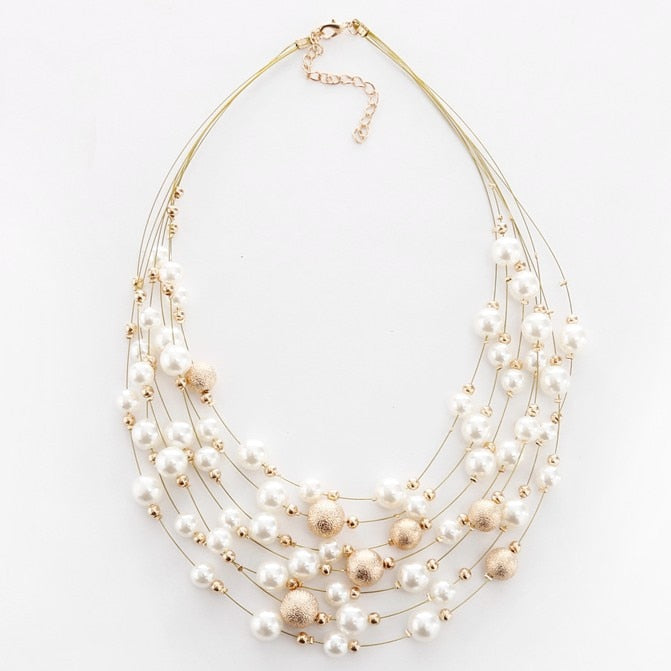 KMVEXO 2021   Jewelry Gold Color Multi Layer Chains Imitation Pearl Necklaces For Women Party Wedding Bride Necklace