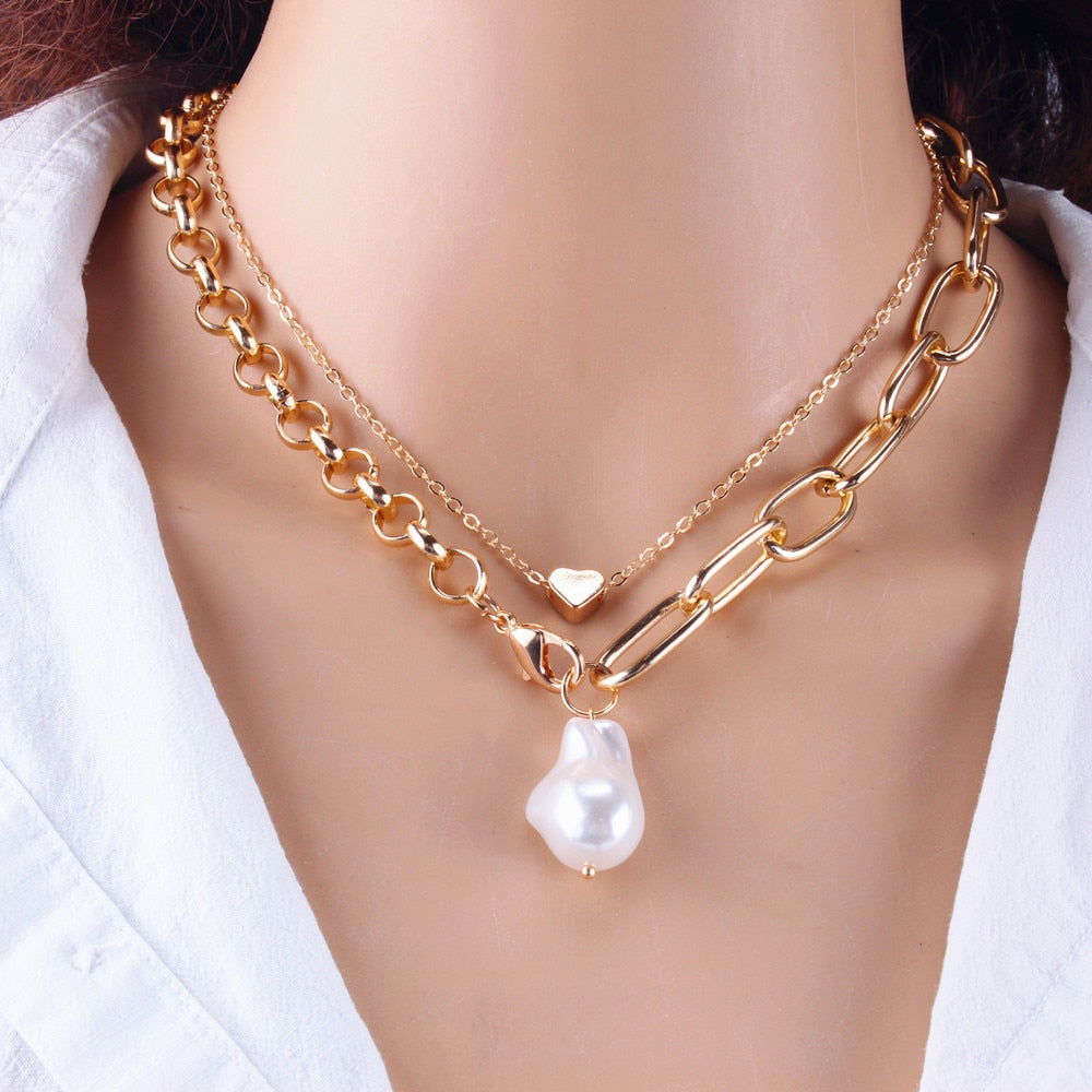 KMVEXO 2021   Jewelry Gold Color Multi Layer Chains Imitation Pearl Necklaces For Women Party Wedding Bride Necklace