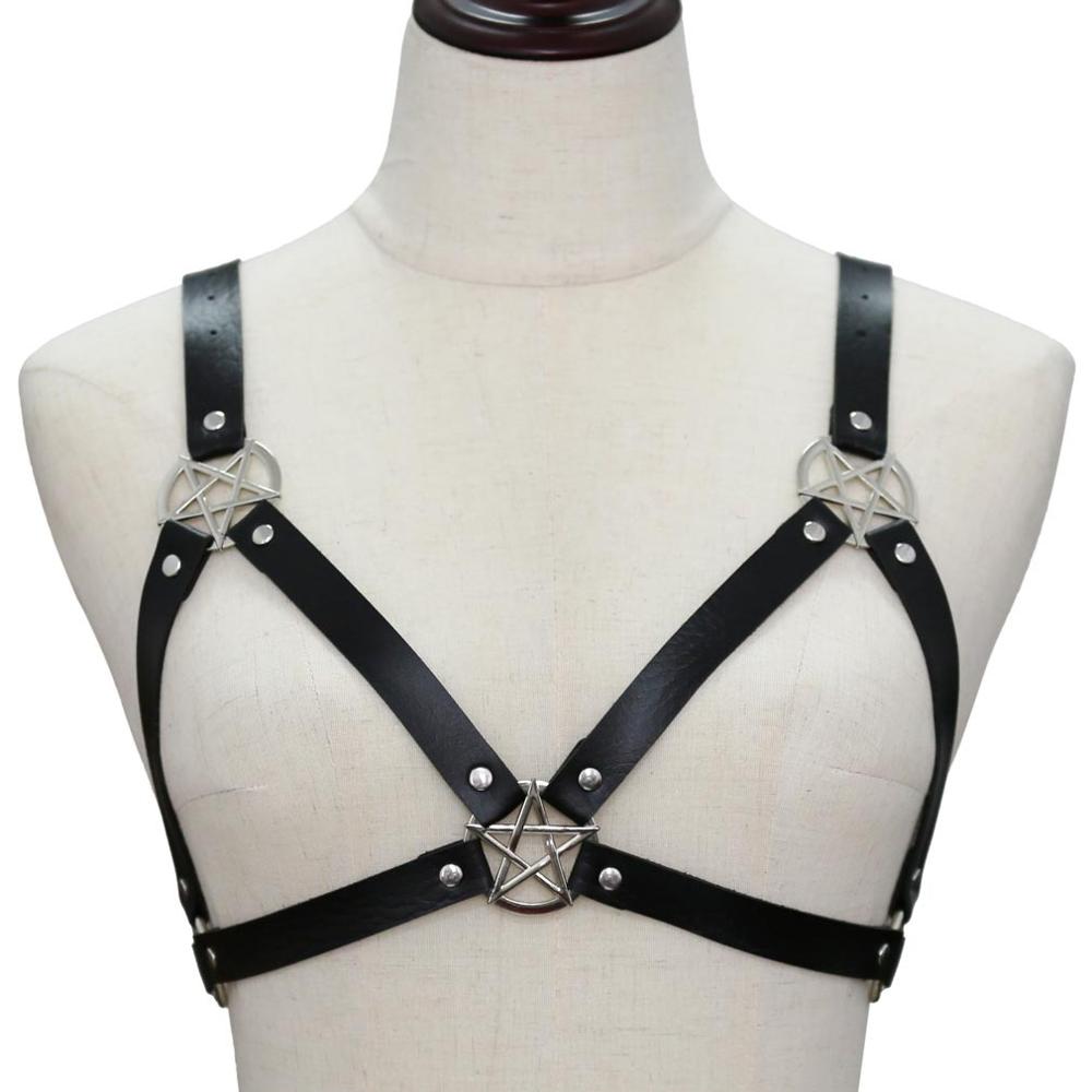 KMVEXO 2022 Punk Gothic Style Metal Stars Bra Body Chest Necklaces for Women Leather Harness Anime Necklace Street Jewelry