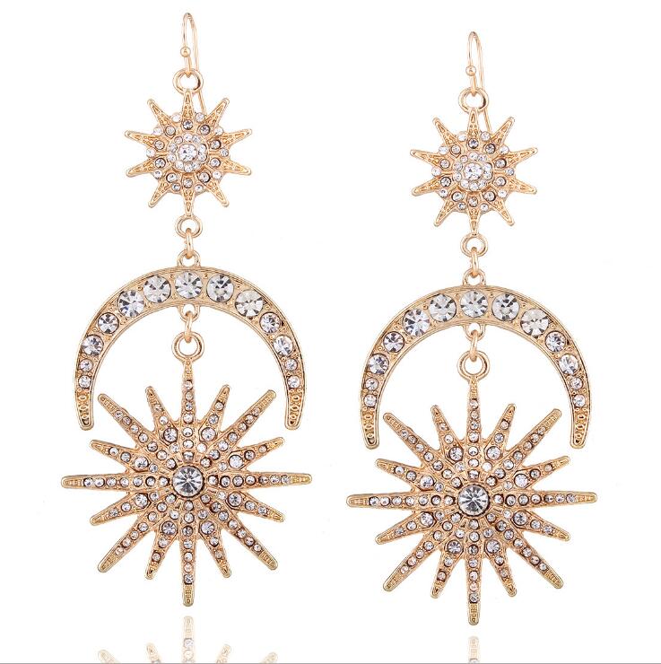 Big Luxury Sun Moon Stars Drop Earrings Rhinestone Punk Earrings for Women Jewelry Golden Boho Vintage Statement Earrings