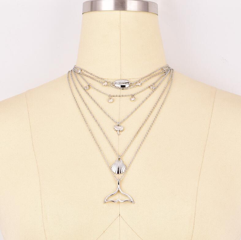 Bohemian Long Pendant Necklaces For Women Vintage Silver Shell Fish Choker Multi layer Necklace Statement Jewelry 2020