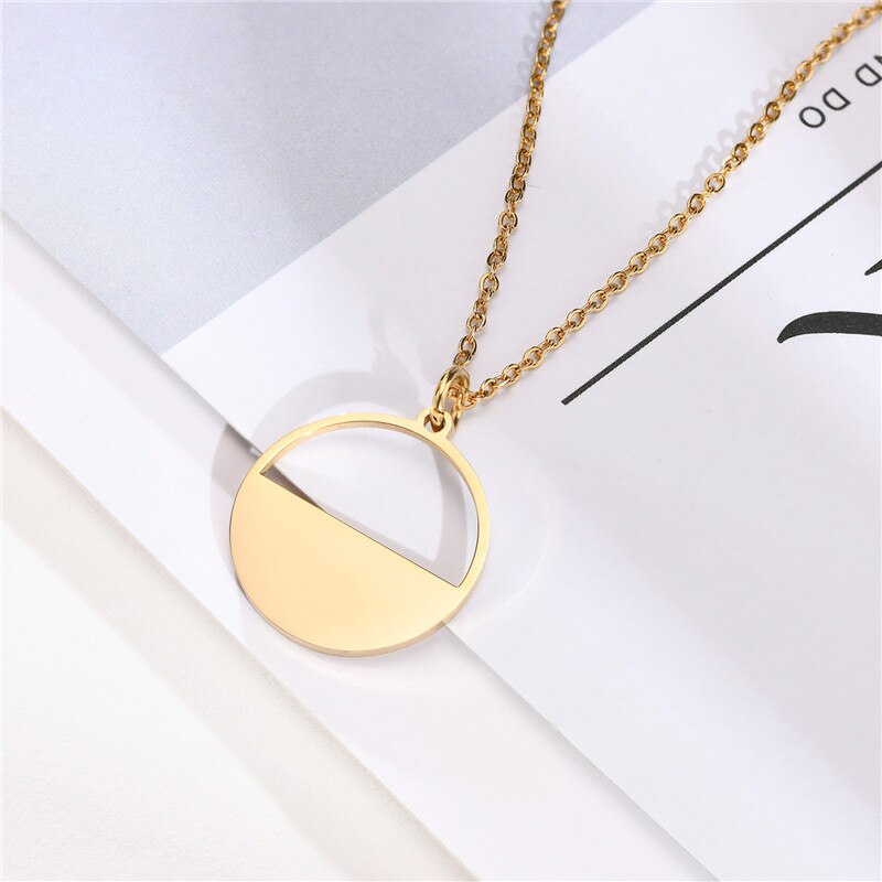 KOtik Geometric Necklaces for Women Gold Color Stainless Steel Hollow Round Coin Pendant Dainty Boho Girls Minimalist Collar