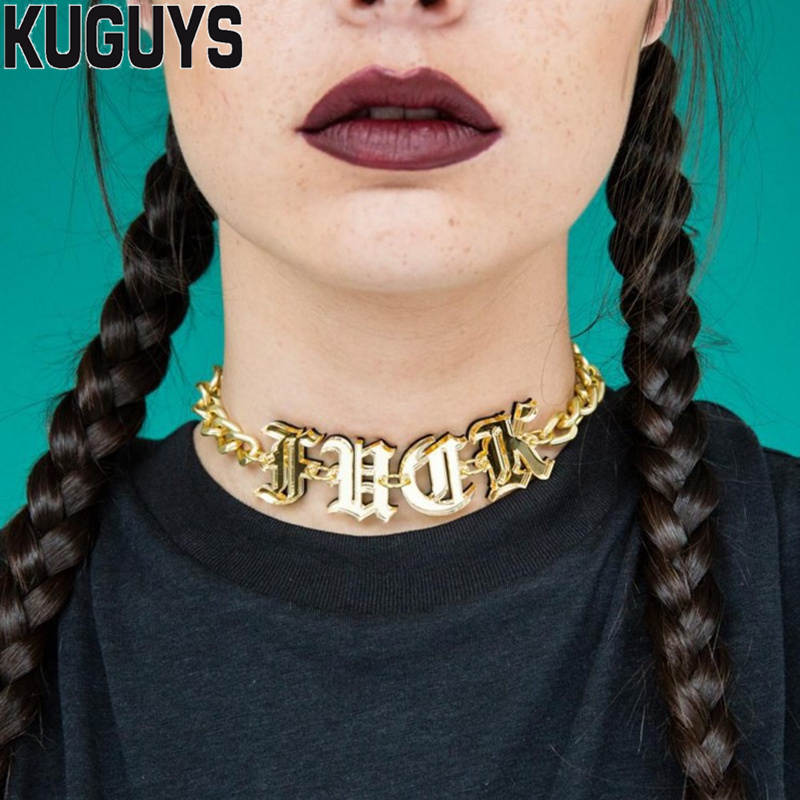 KUGUYS Acrylic Mirror Gold Letter Chokers Necklaces for Womens Trendy Jewelry Link Chain HipHop Punk Rock Girl Cool Accessories