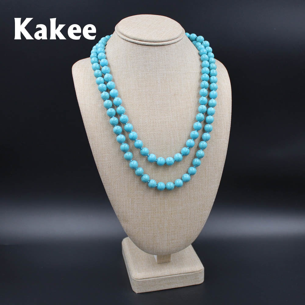 Fashion Turquoises Round Bead Strand Statement Necklaces Stone Long Necklace for Women Minimalist Jewelry Gift